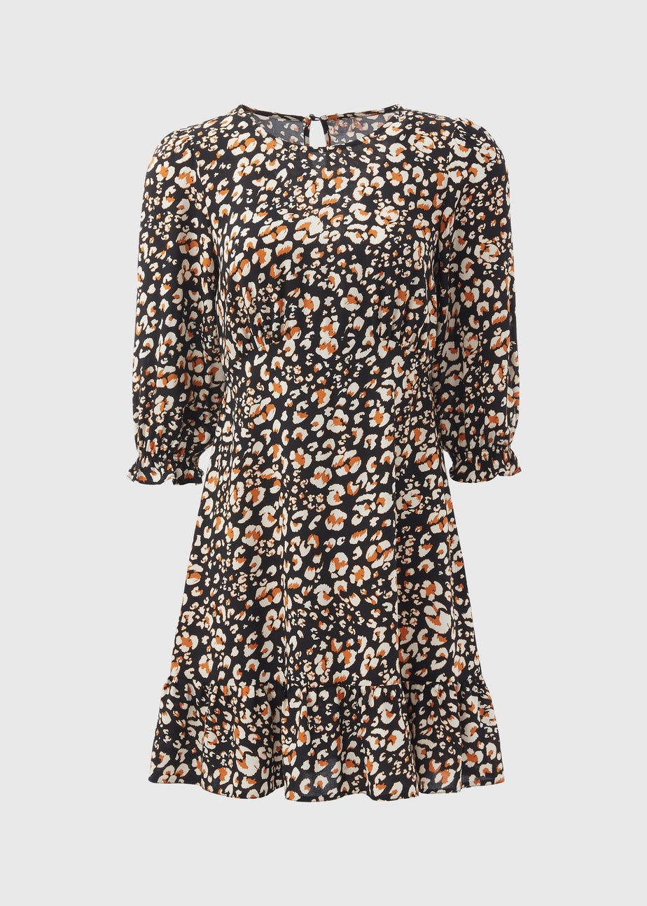 Black Animal Print Frill Cuff Mini Dress