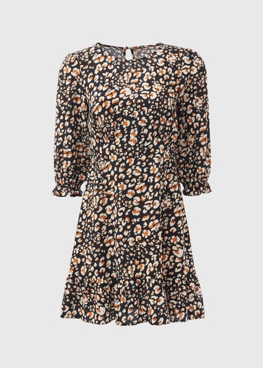 Black Animal Print Frill Cuff Mini Dress