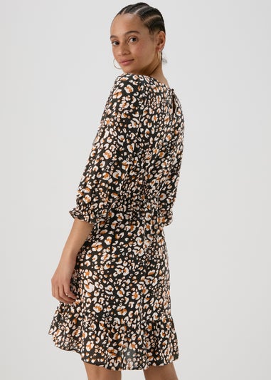 Black Animal Print Frill Cuff Mini Dress