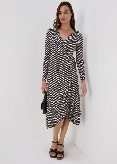 Black Spot Frill Hem Wrap Dress