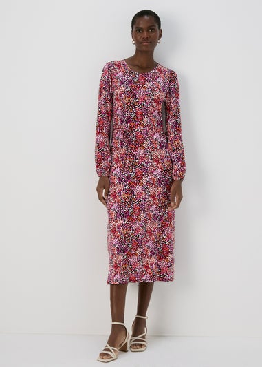 Red Tie Waist Print Midi Dress