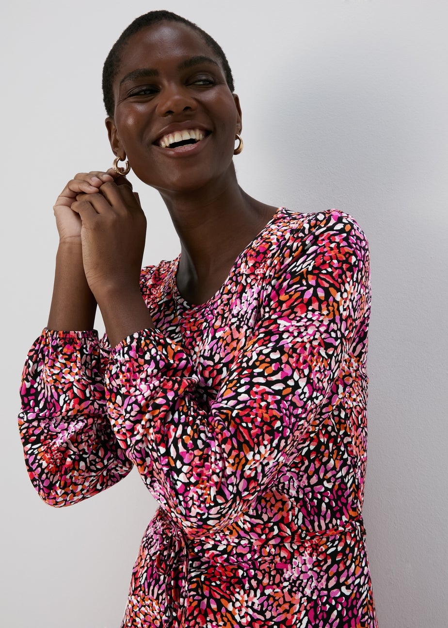 Red Tie Waist Print Midi Dress