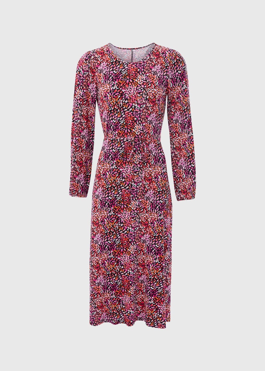 Red Tie Waist Print Midi Dress