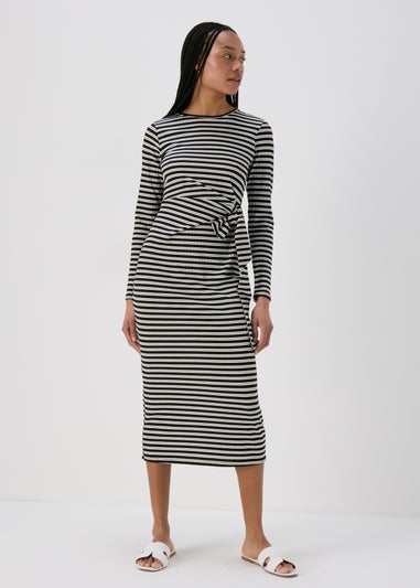 Black Stripe Tie Side Ribbed Midi Dress