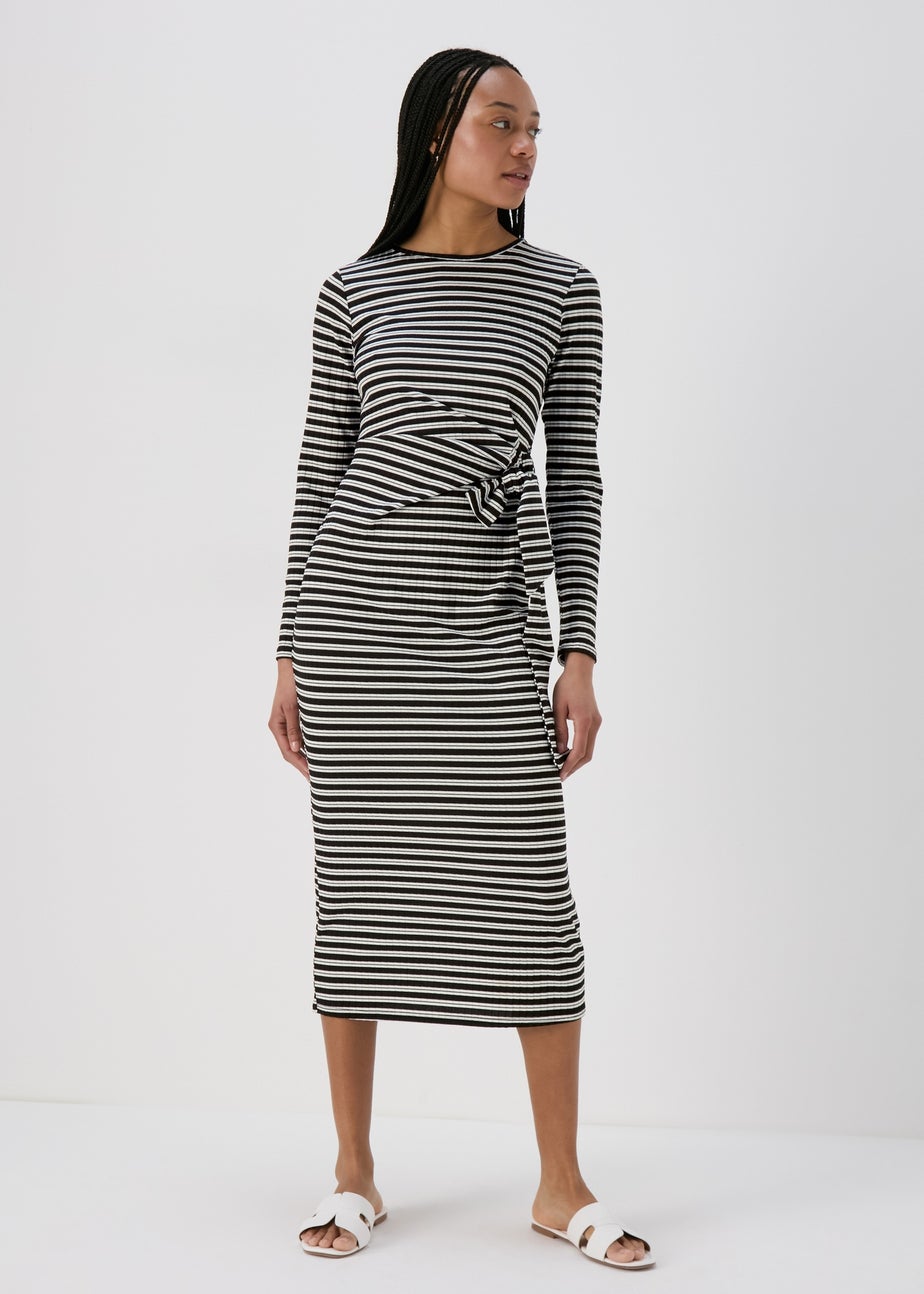 Black Stripe Tie Side Ribbed Midi Dress