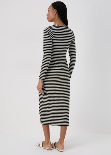 Black Stripe Tie Side Ribbed Midi Dress