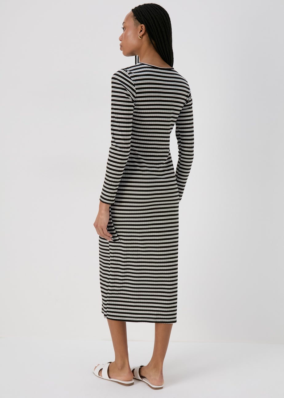 Black Stripe Tie Side Ribbed Midi Dress
