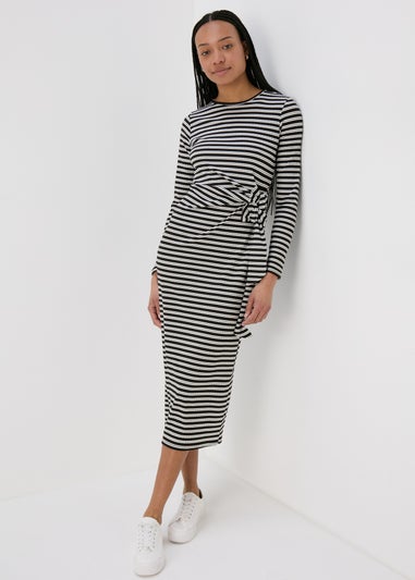 Black Stripe Tie Side Ribbed Midi Dress