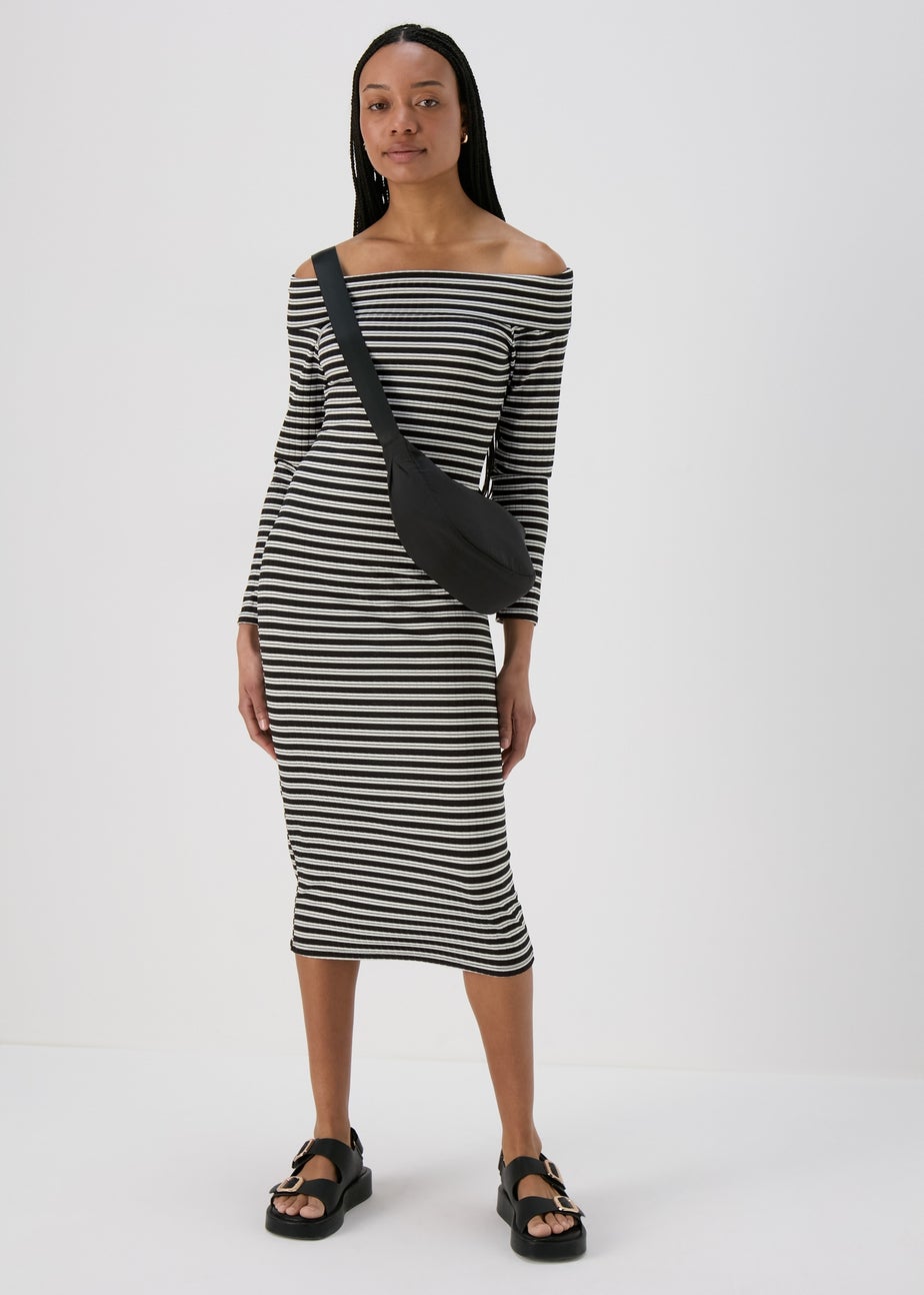Black Stripe Ribbed Bardot Dress