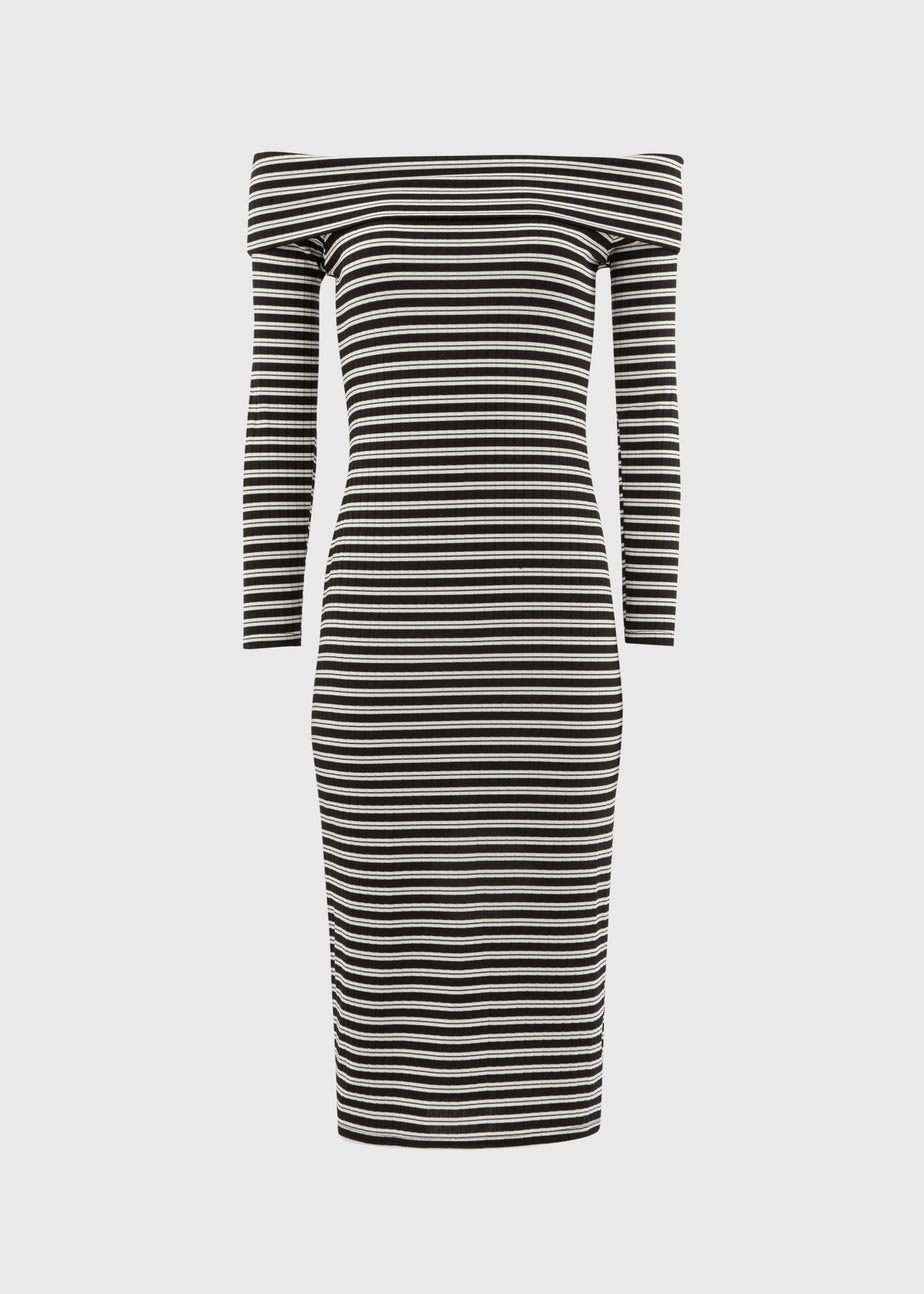 Black Stripe Ribbed Bardot Dress