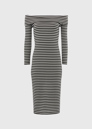 Black Stripe Ribbed Bardot Dress