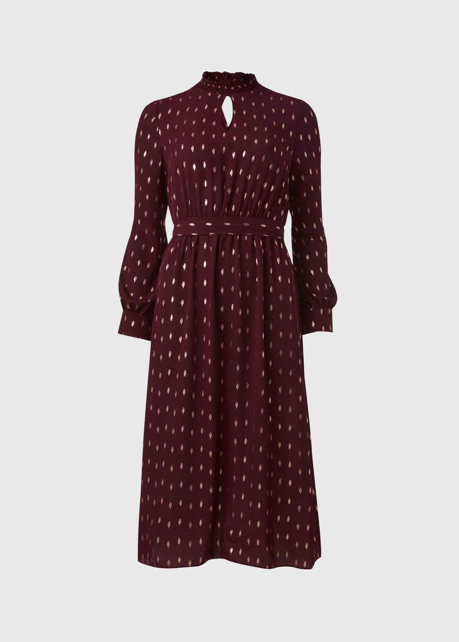 Burgundy Chiffon Belted Midi Dress