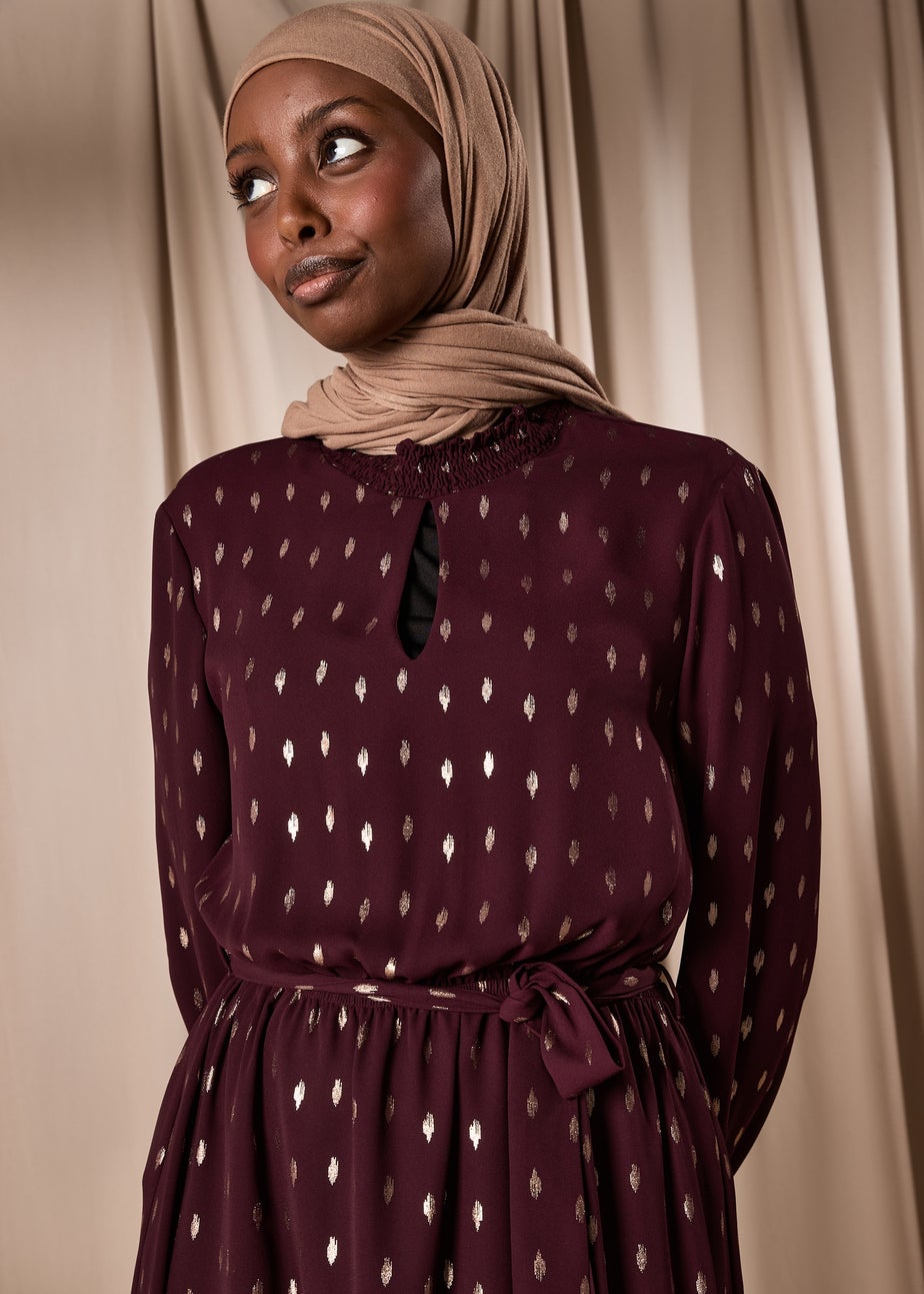 Burgundy Chiffon Belted Midi Dress