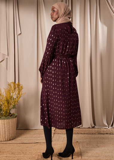 Burgundy Chiffon Belted Midi Dress