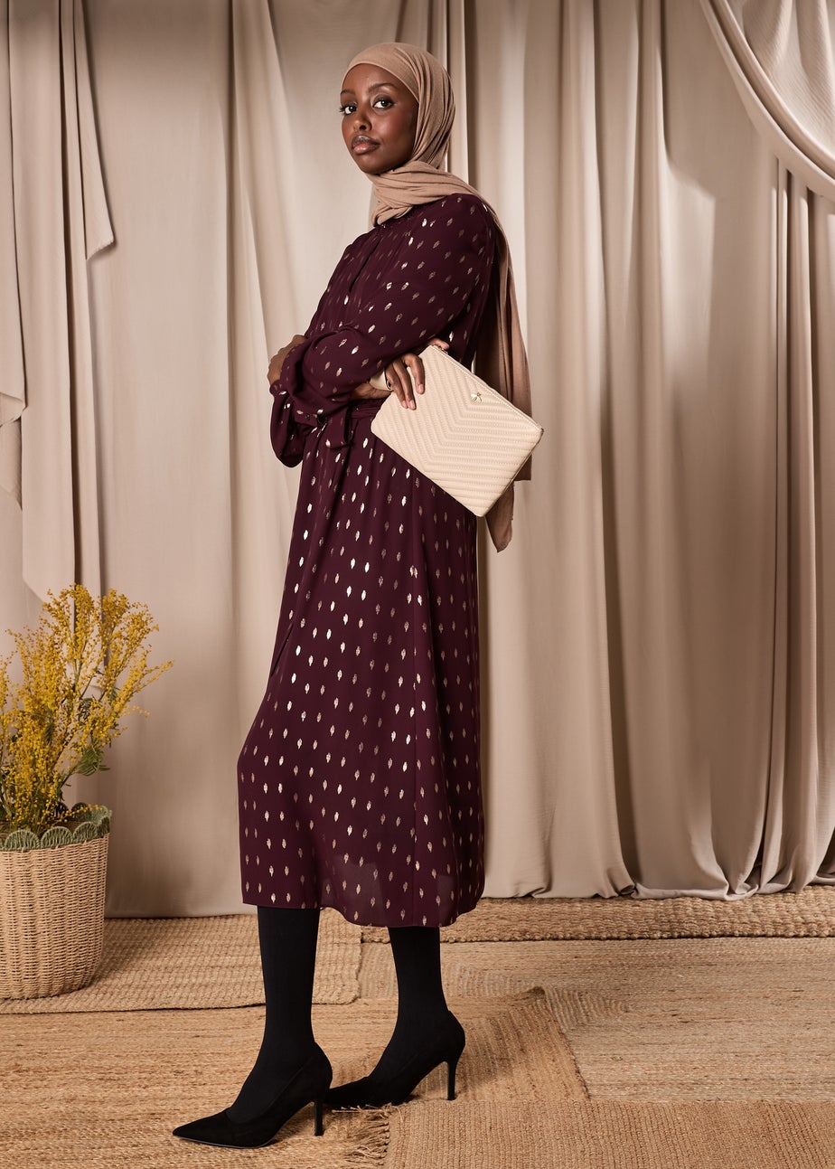 Burgundy Chiffon Belted Midi Dress