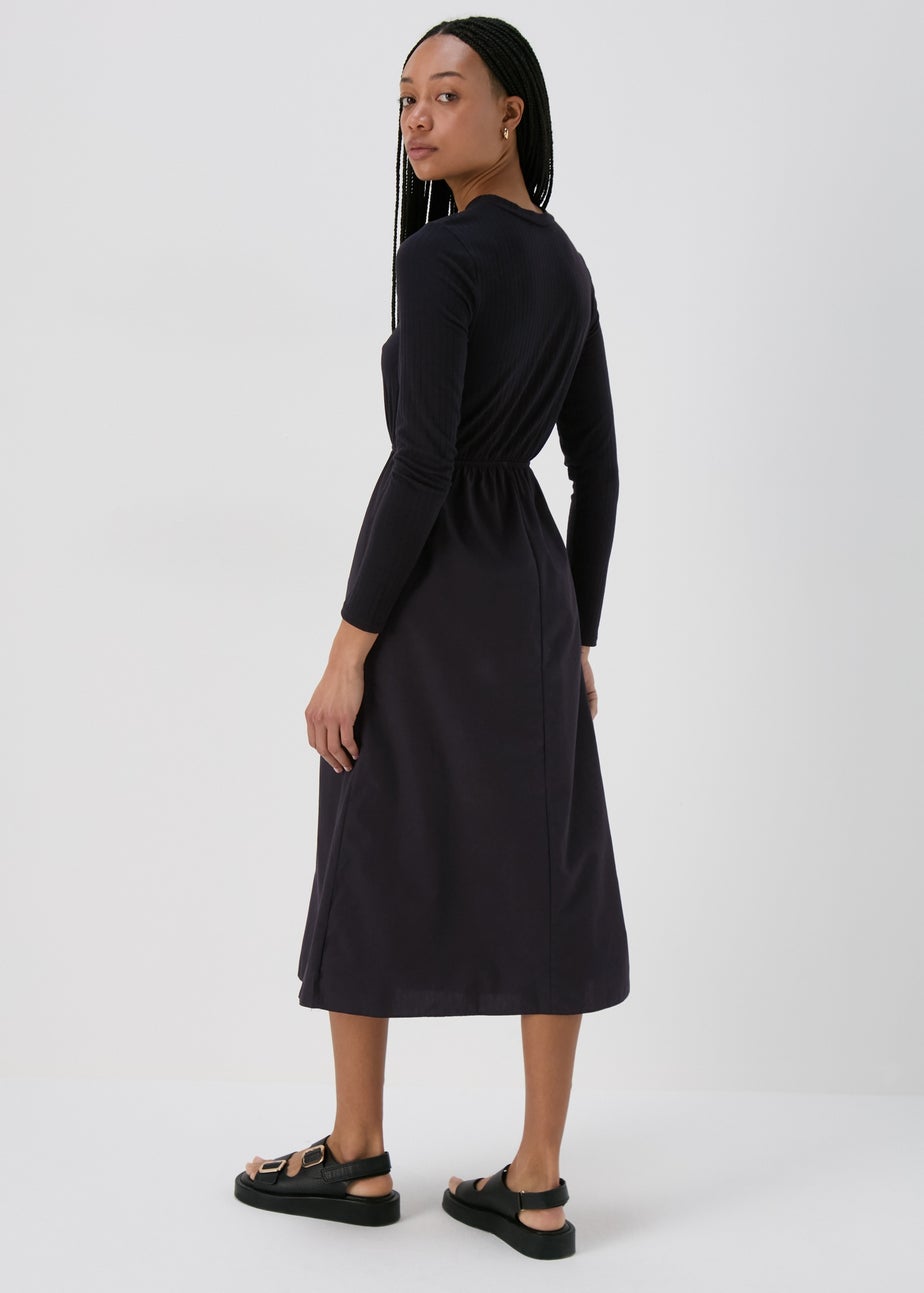 Black Jersey Woven Midi Dress