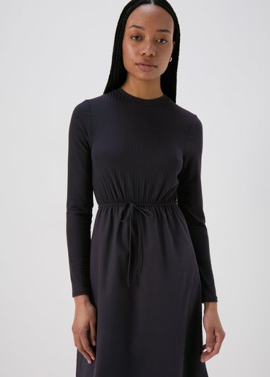 Black Jersey Woven Midi Dress