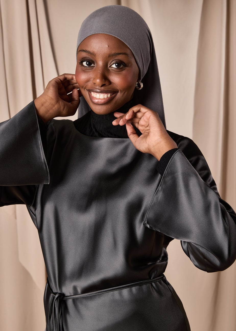 Grey Satin Belted Midi Dress