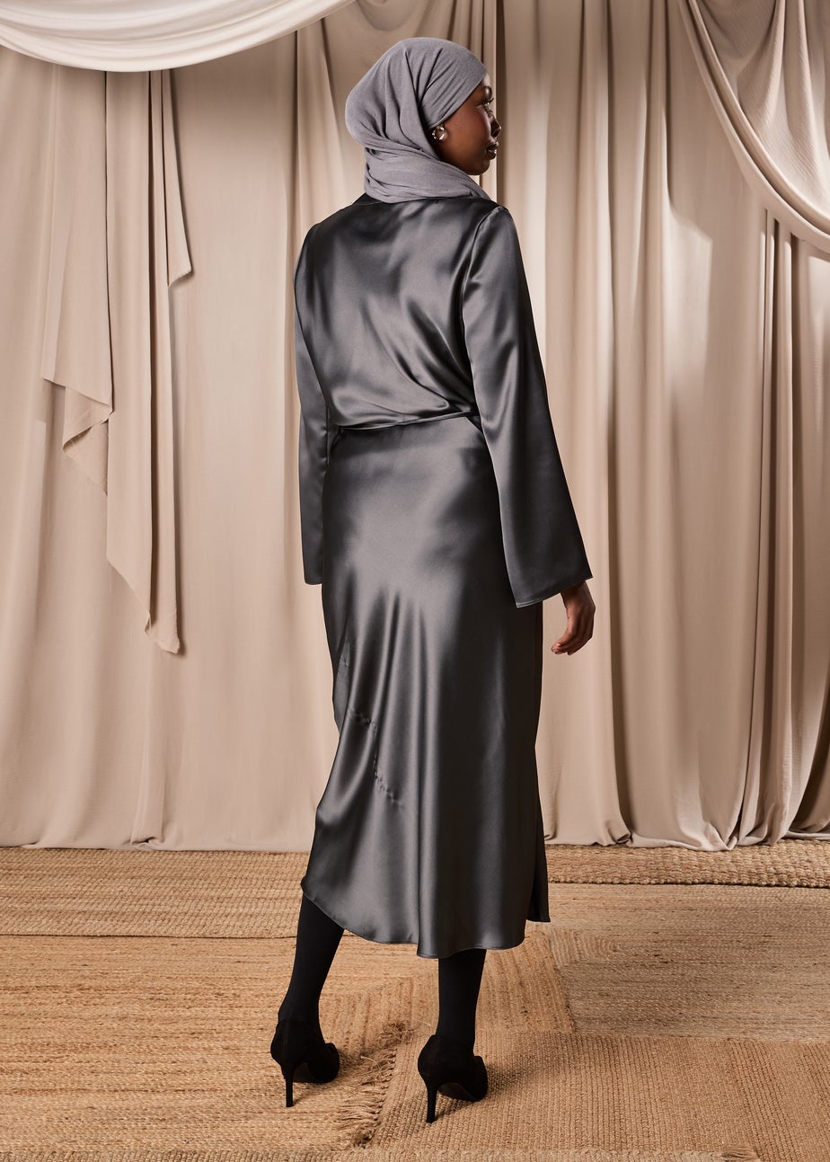 Grey Satin Belted Midi Dress