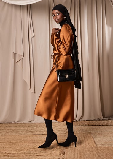 Rust Satin Belted Midi Dress