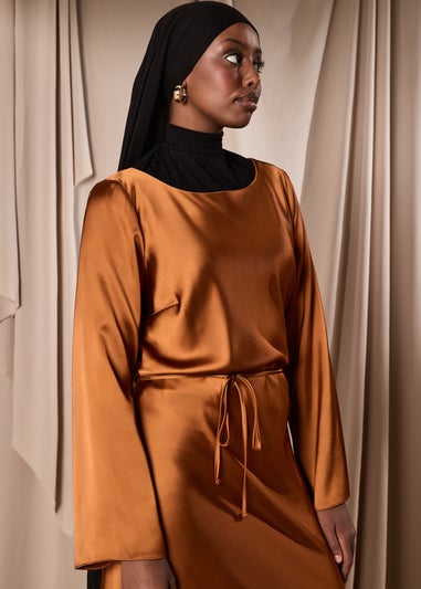 Rust Satin Belted Midi Dress