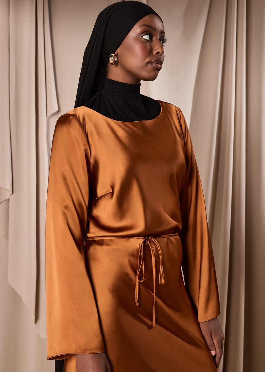 Rust Satin Belted Midi Dress