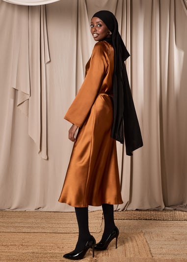 Rust Satin Belted Midi Dress