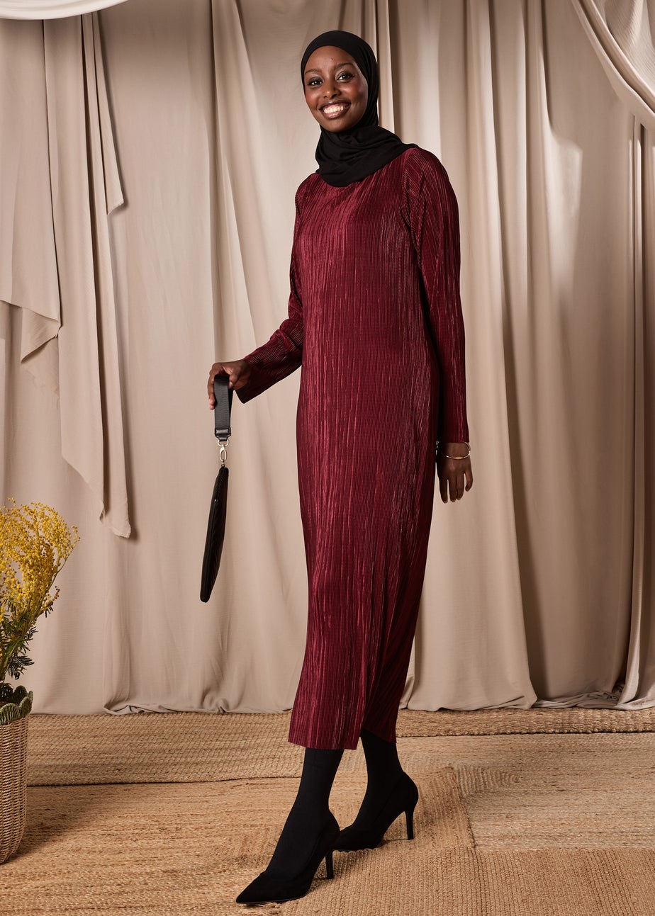 Burgundy Plisse Column Dress