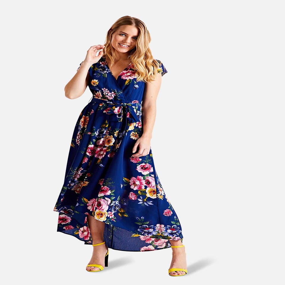 Mela Blue Floral Wrap Over Dipped Hem Midi Dress