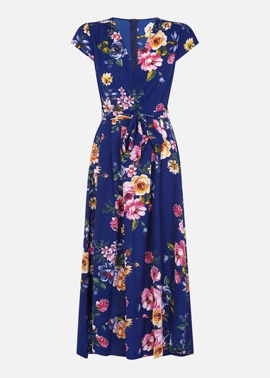 Mela Blue Floral Wrap Over Dipped Hem Midi Dress