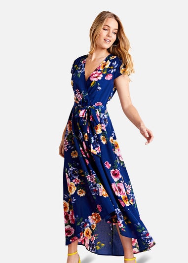 Mela Blue Floral Wrap Over Dipped Hem Midi Dress