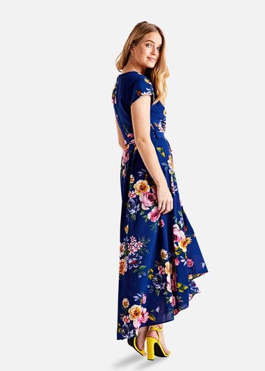Mela Blue Floral Wrap Over Dipped Hem Midi Dress