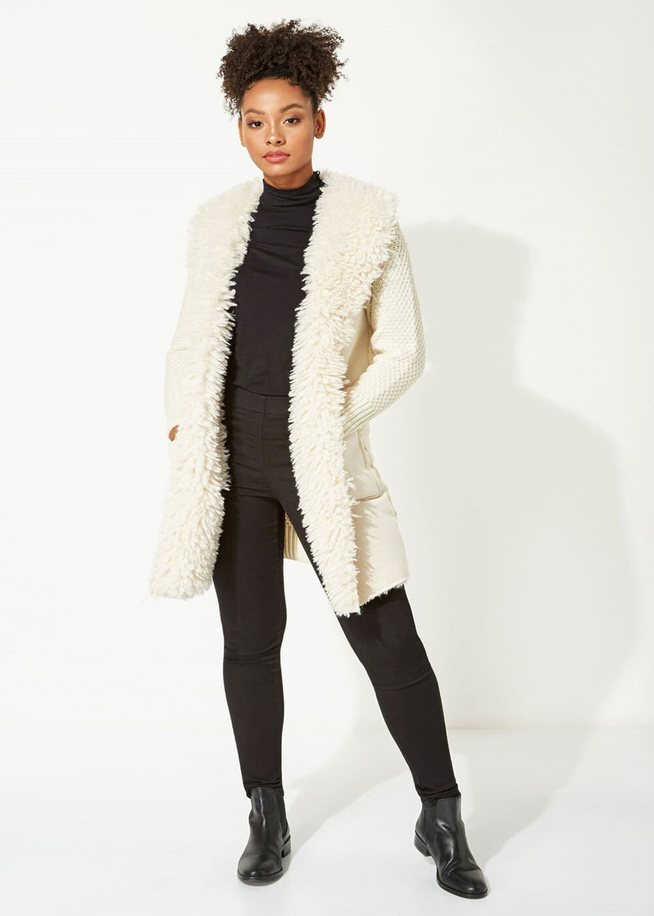Roman Ivory Longline Faux Shearling Knit Coatigan
