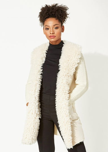 Roman Ivory Longline Faux Shearling Knit Coatigan