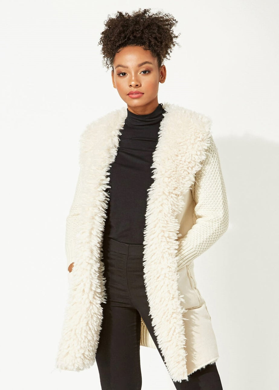 Roman Ivory Longline Faux Shearling Knit Coatigan