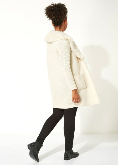 Roman Ivory Longline Faux Shearling Knit Coatigan