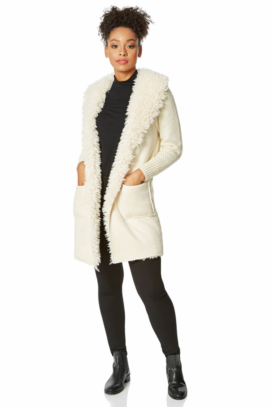Roman Ivory Longline Faux Shearling Knit Coatigan