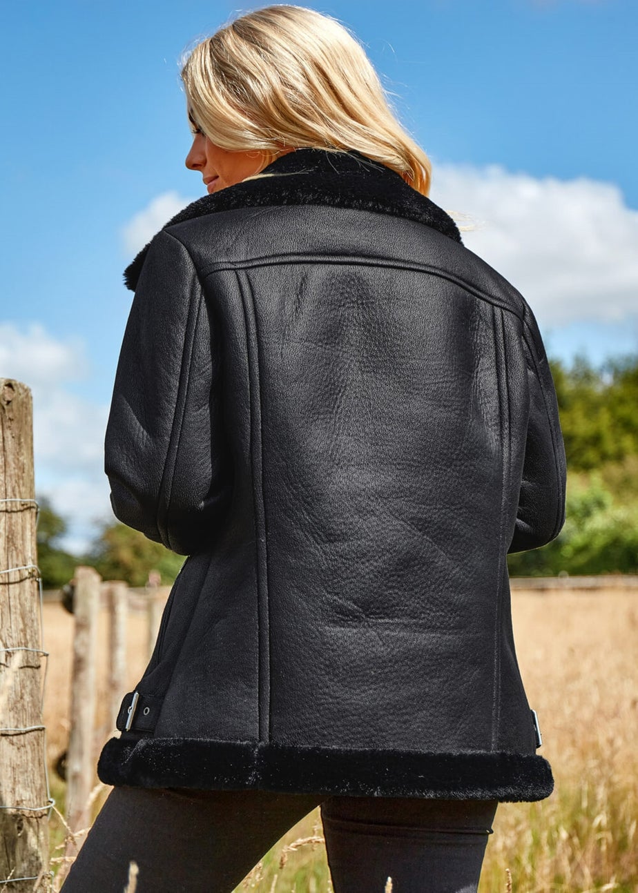 Roman Black Faux Fur Lined Zip Detail Aviator Jacket