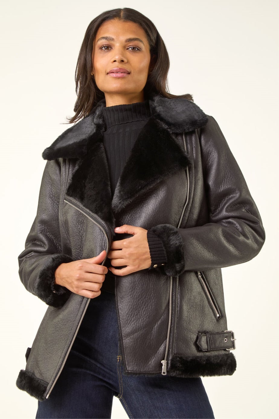 Roman Black Faux Fur Aviator Jacket