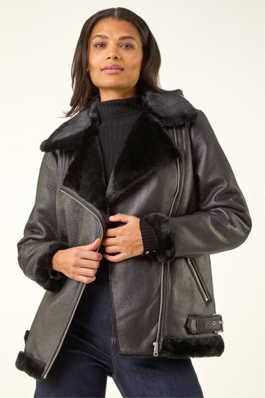 Roman Black Faux Fur Aviator Jacket