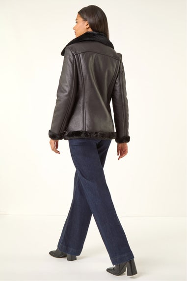 Roman Black Faux Fur Aviator Jacket