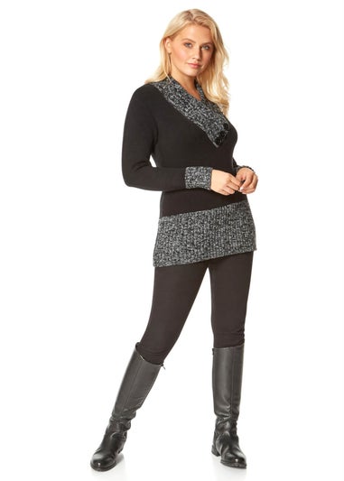 Roman Black V-Neck Overlap Button Detail Longline Jumper