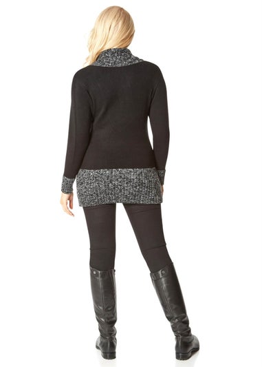 Roman Black V-Neck Overlap Button Detail Longline Jumper