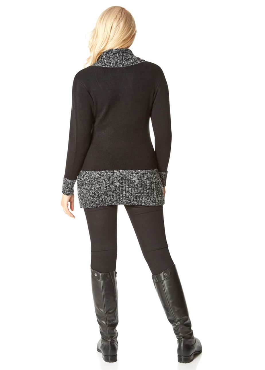 Roman Black V-Neck Overlap Button Detail Longline Jumper