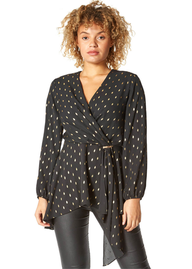 Roman Black Metallic Polka Dot Print Cross Over Top
