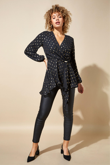 Roman Black Metallic Polka Dot Print Cross Over Top