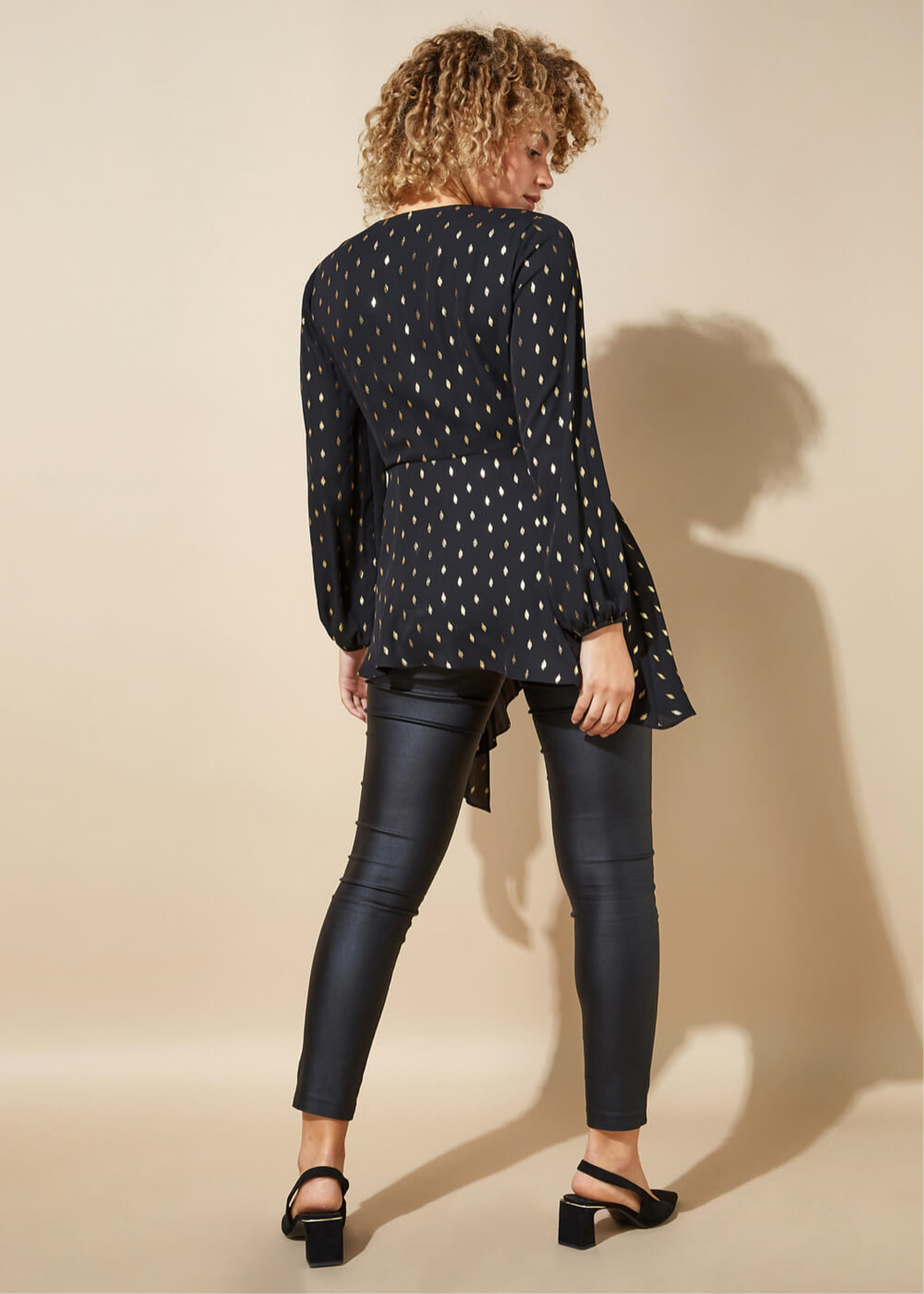 Roman Black Metallic Polka Dot Print Cross Over Top