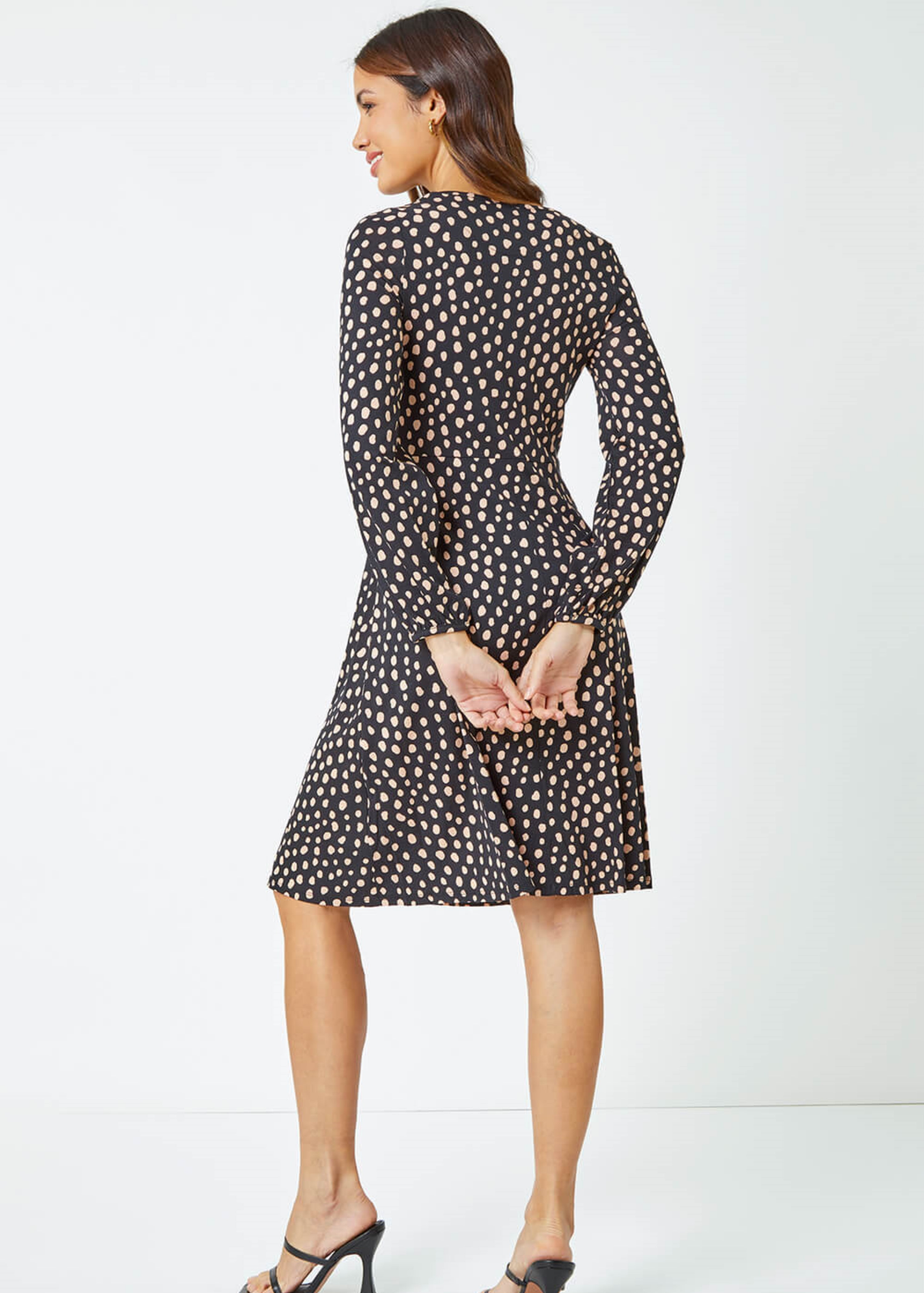 Roman Black Pebble Spot Tea Skater Dress