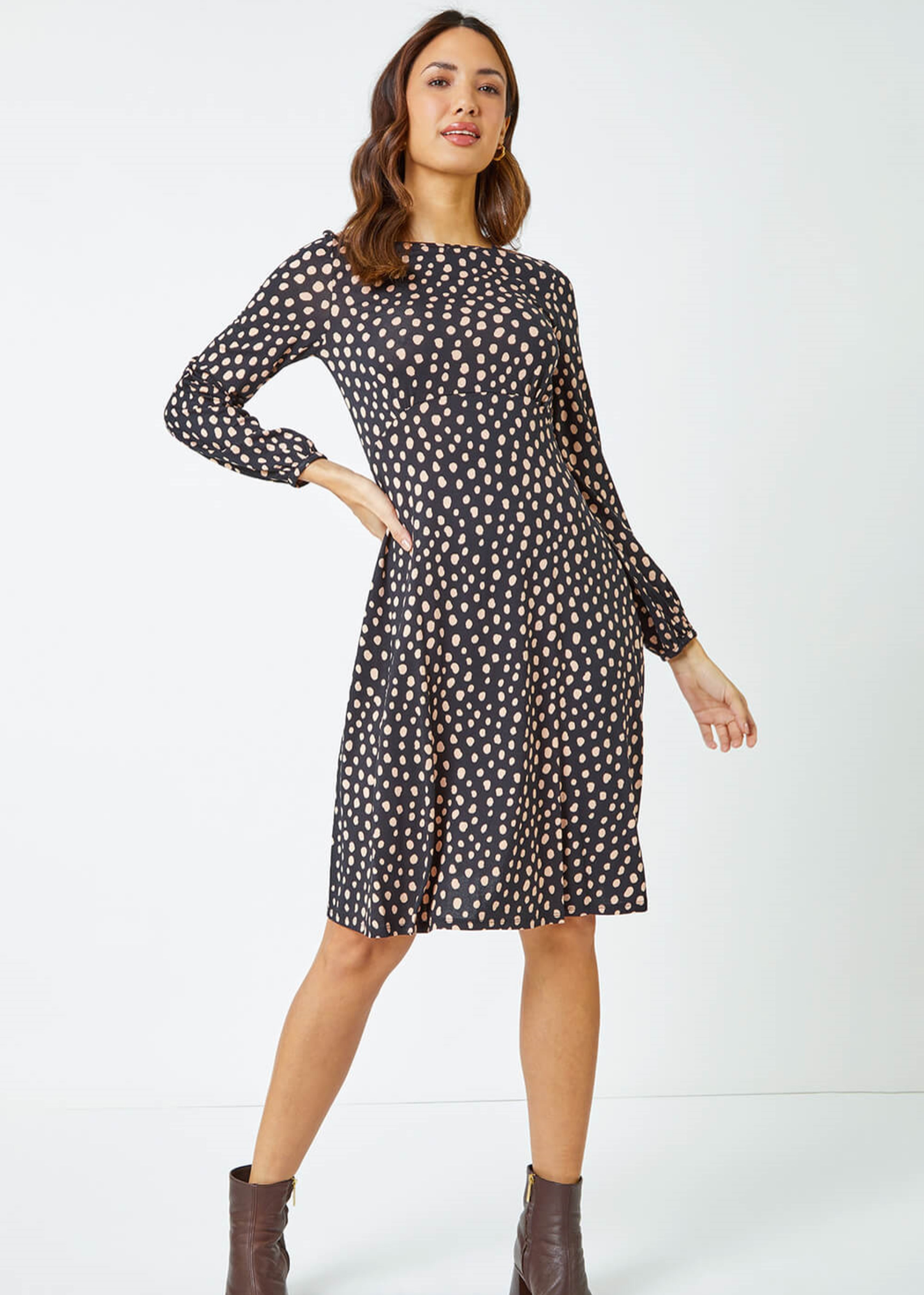 Roman Black Pebble Spot Tea Skater Dress