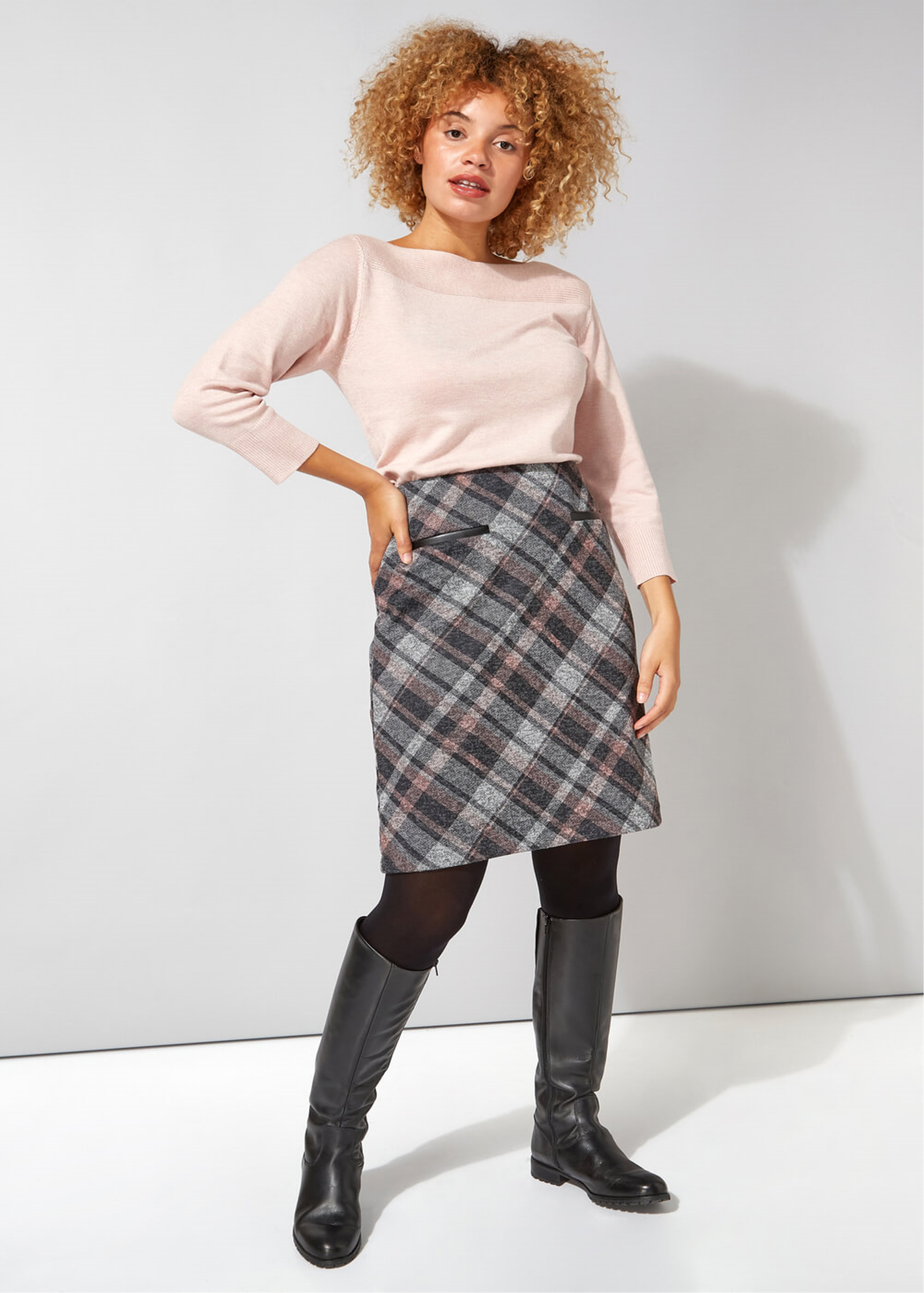 Roman Pink Check Print Textured Elastic Waist Skirt